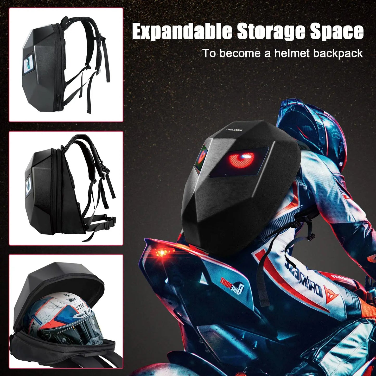 Helmet backpack with expandable storage space, featuring a helmet and rider in a dynamic pose.