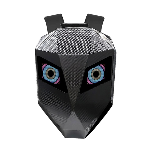 Backpack with a futuristic design and glowing eyes on a white background