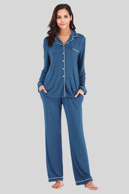 Collared Neck Long Sleeve Loungewear Set with Pockets Carauana Store