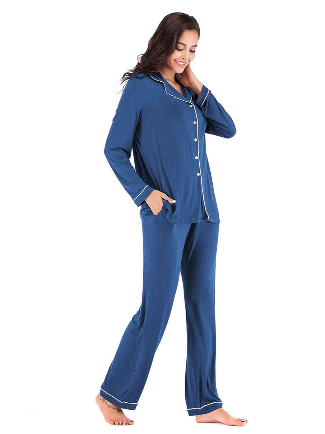 Collared Neck Long Sleeve Loungewear Set with Pockets Carauana Store