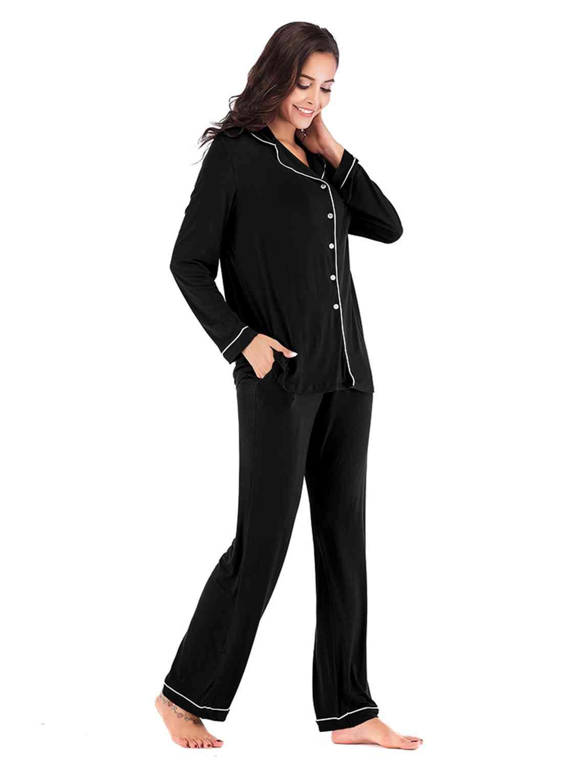 Collared Neck Long Sleeve Loungewear Set with Pockets Carauana Store