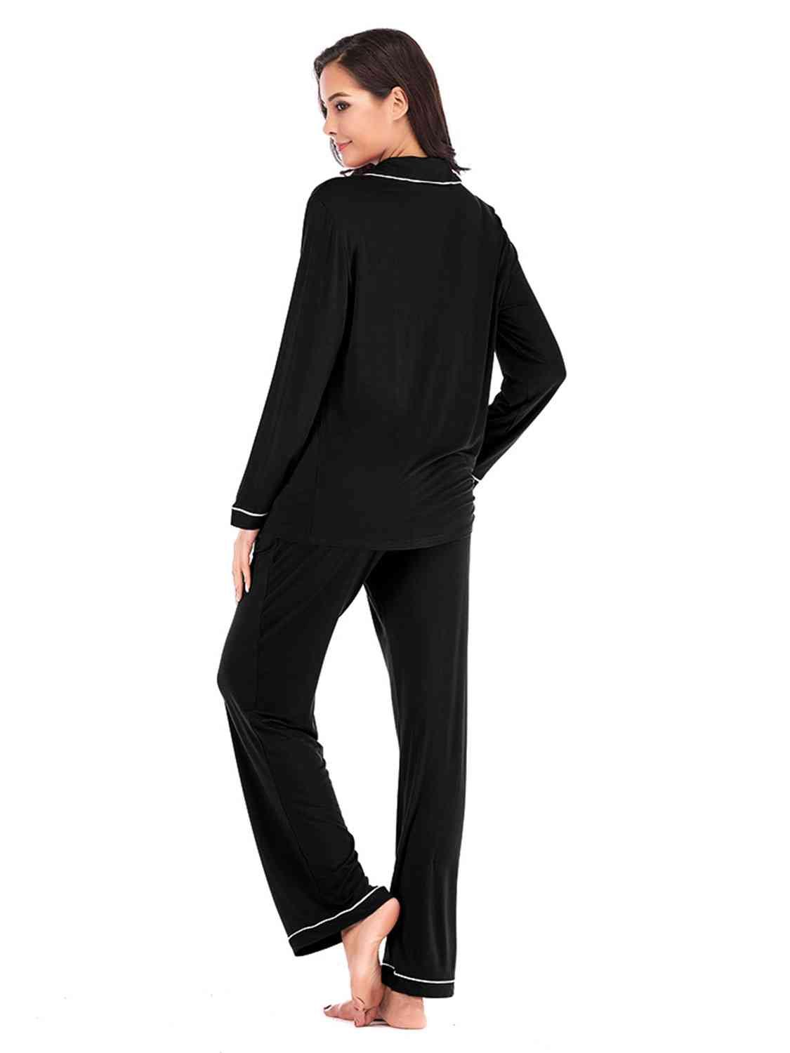 Collared Neck Long Sleeve Loungewear Set with Pockets Carauana Store