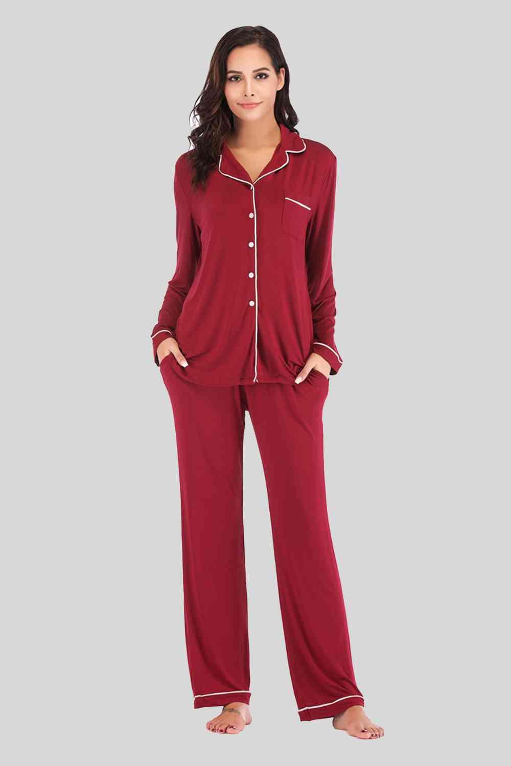 Collared Neck Long Sleeve Loungewear Set with Pockets Carauana Store