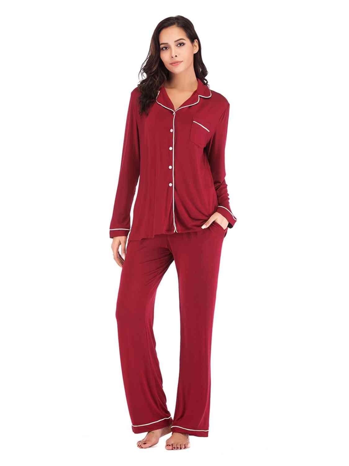 Collared Neck Long Sleeve Loungewear Set with Pockets Carauana Store