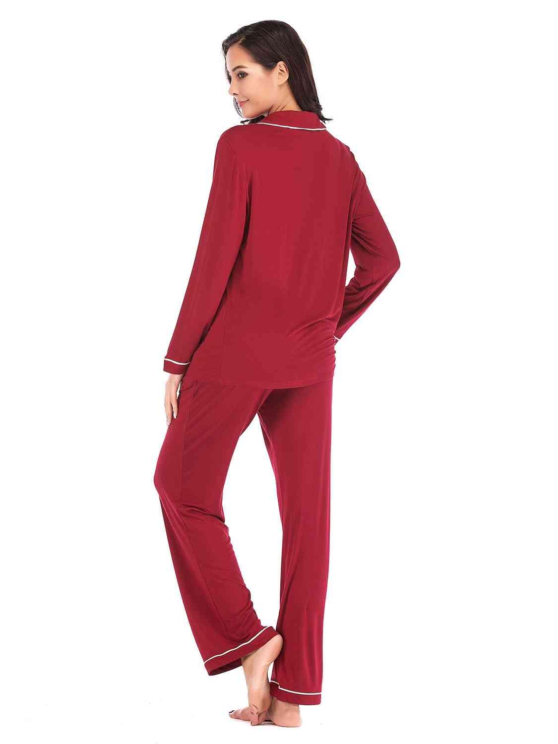 Collared Neck Long Sleeve Loungewear Set with Pockets Carauana Store
