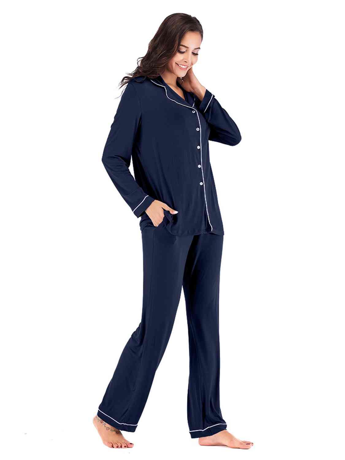 Collared Neck Long Sleeve Loungewear Set with Pockets Carauana Store