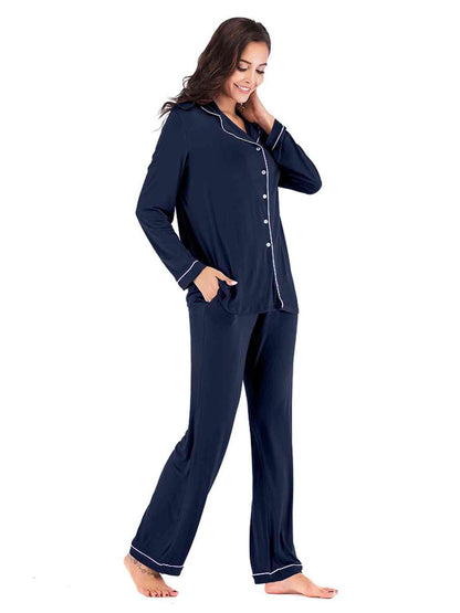 Collared Neck Long Sleeve Loungewear Set with Pockets Carauana Store