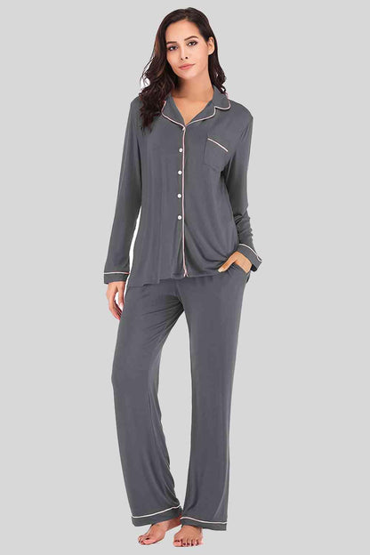 Collared Neck Long Sleeve Loungewear Set with Pockets Carauana Store