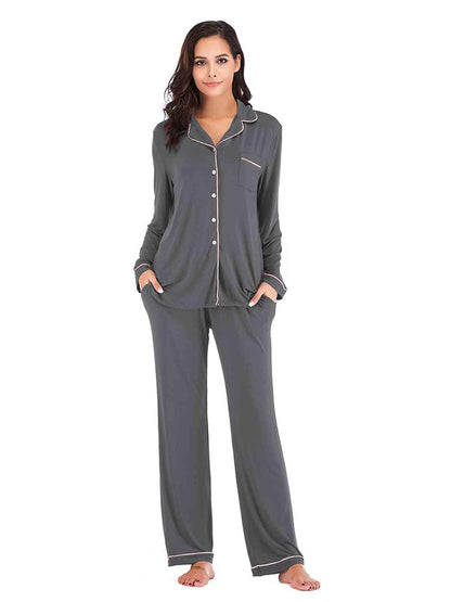 Collared Neck Long Sleeve Loungewear Set with Pockets Carauana Store