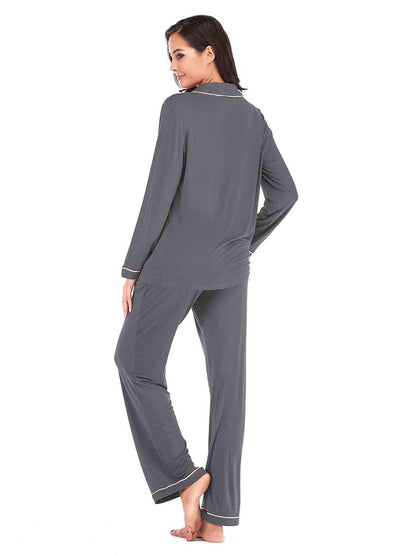 Collared Neck Long Sleeve Loungewear Set with Pockets Carauana Store