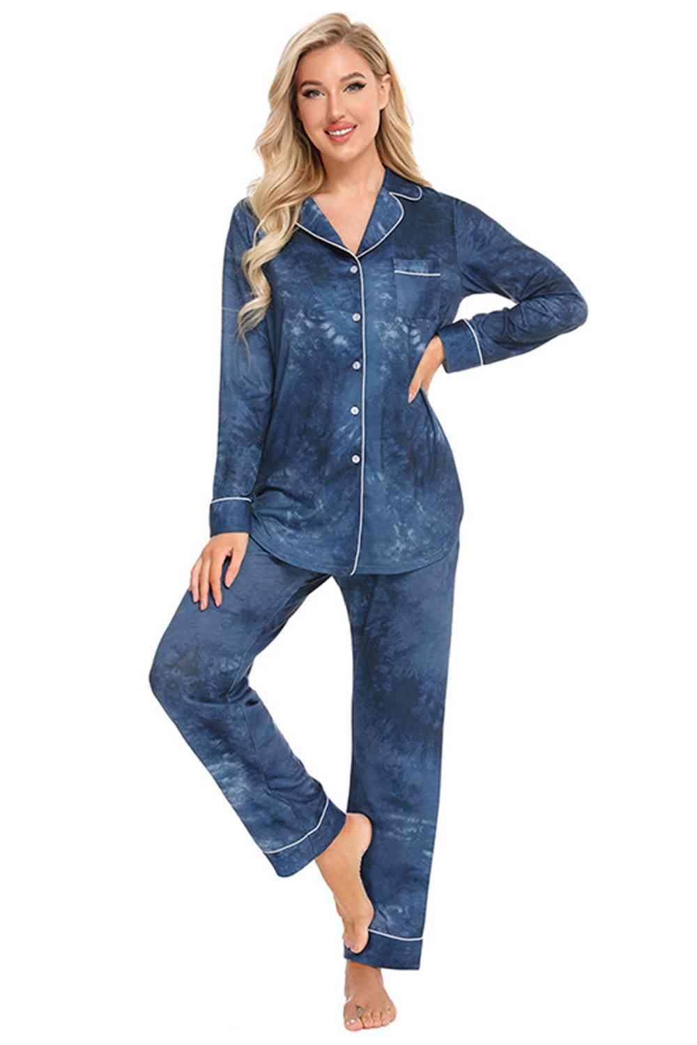 Collared Neck Long Sleeve Loungewear Set with Pockets Carauana Store
