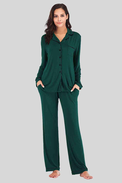 Collared Neck Long Sleeve Loungewear Set with Pockets Carauana Store