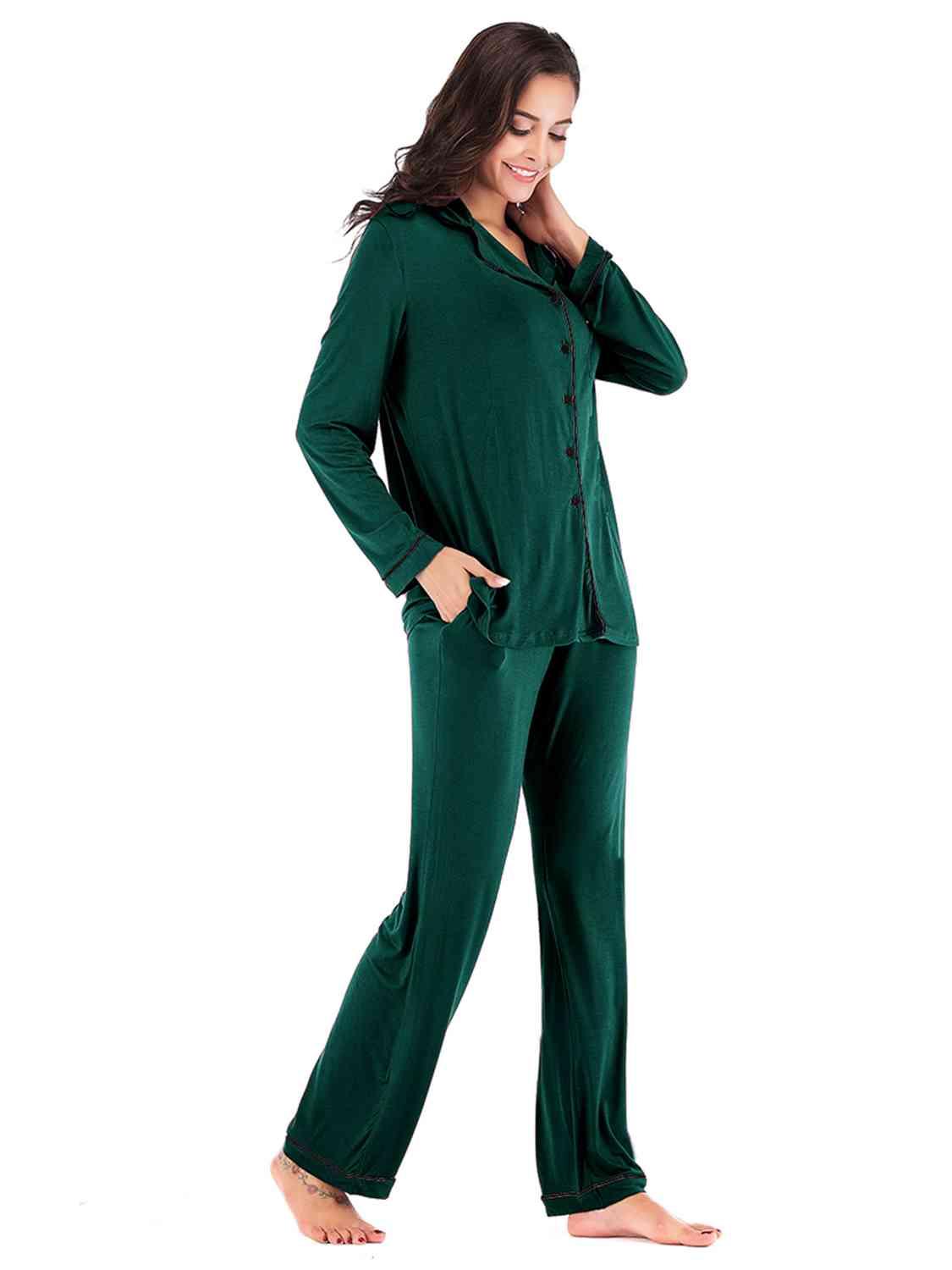 Collared Neck Long Sleeve Loungewear Set with Pockets Carauana Store