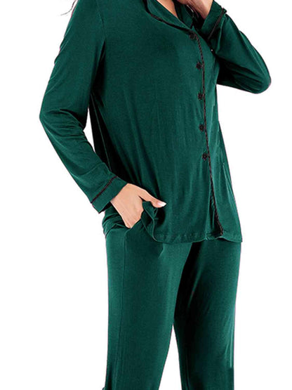 Collared Neck Long Sleeve Loungewear Set with Pockets Carauana Store