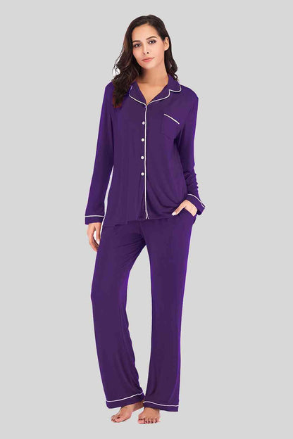 Collared Neck Long Sleeve Loungewear Set with Pockets Carauana Store