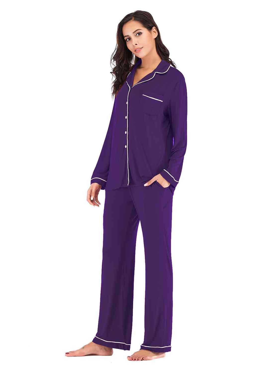 Collared Neck Long Sleeve Loungewear Set with Pockets Carauana Store