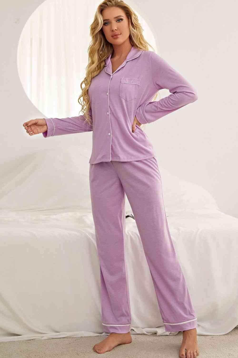 Contrast Piping Button Down Top and Pants Loungewear Set Carauana Store