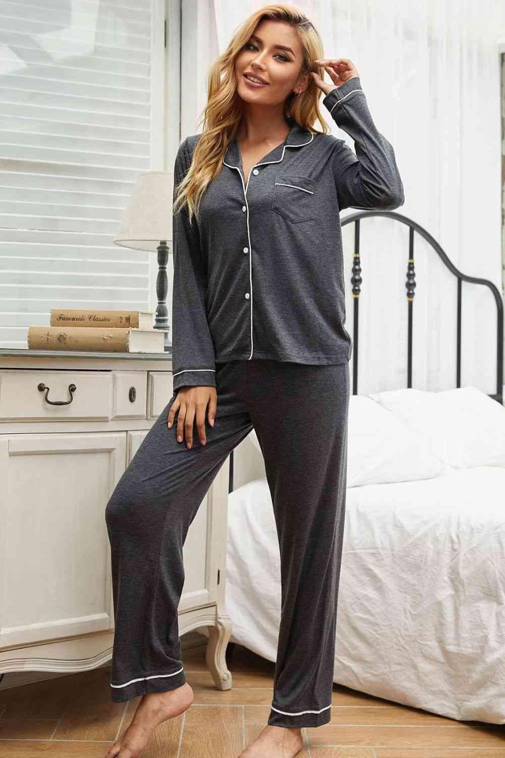 Contrast Piping Button Down Top and Pants Loungewear Set Carauana Store