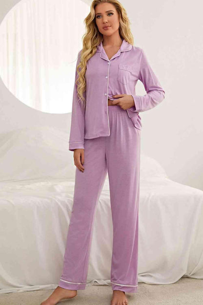 Contrast Piping Button Down Top and Pants Loungewear Set Carauana Store