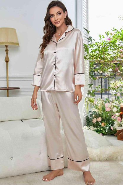 Contrast Piping Button-Up Top and Pants Pajama Set Carauana Store