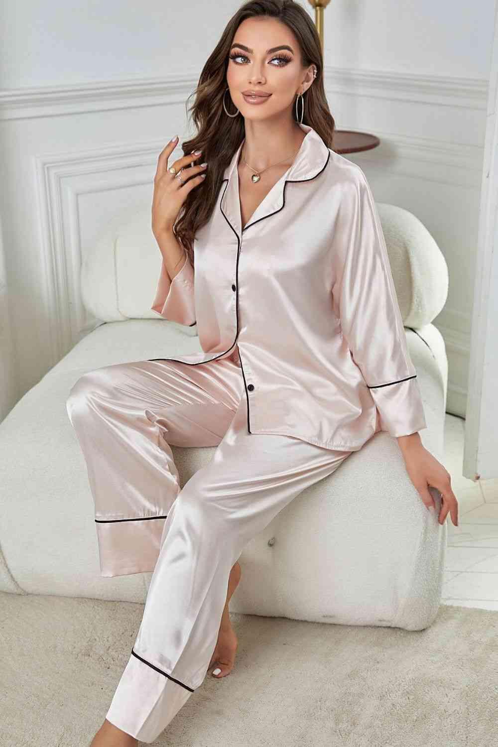 Contrast Piping Button-Up Top and Pants Pajama Set Carauana Store