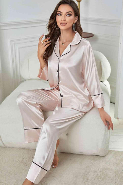 Contrast Piping Button-Up Top and Pants Pajama Set Carauana Store