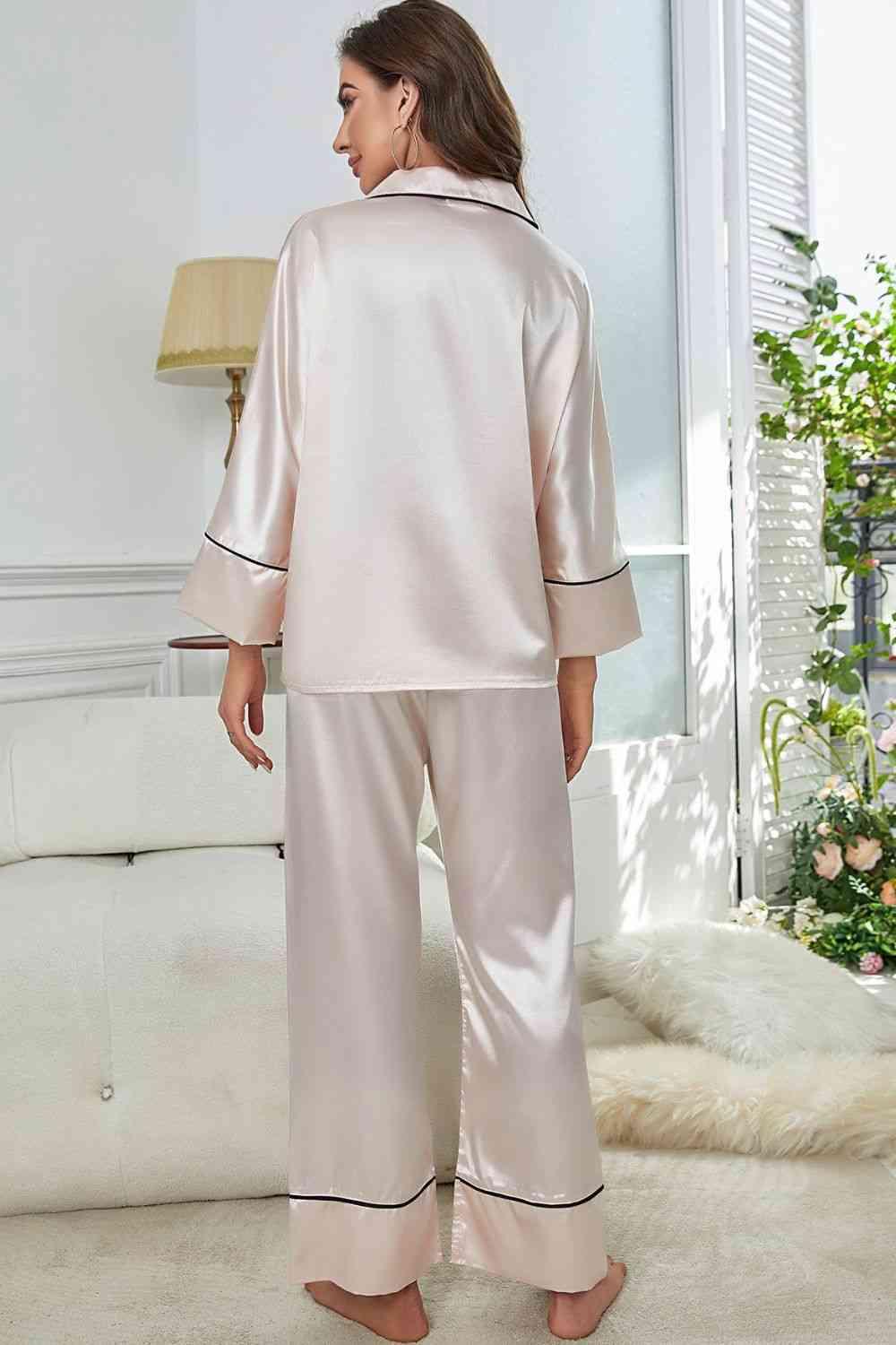 Contrast Piping Button-Up Top and Pants Pajama Set Carauana Store