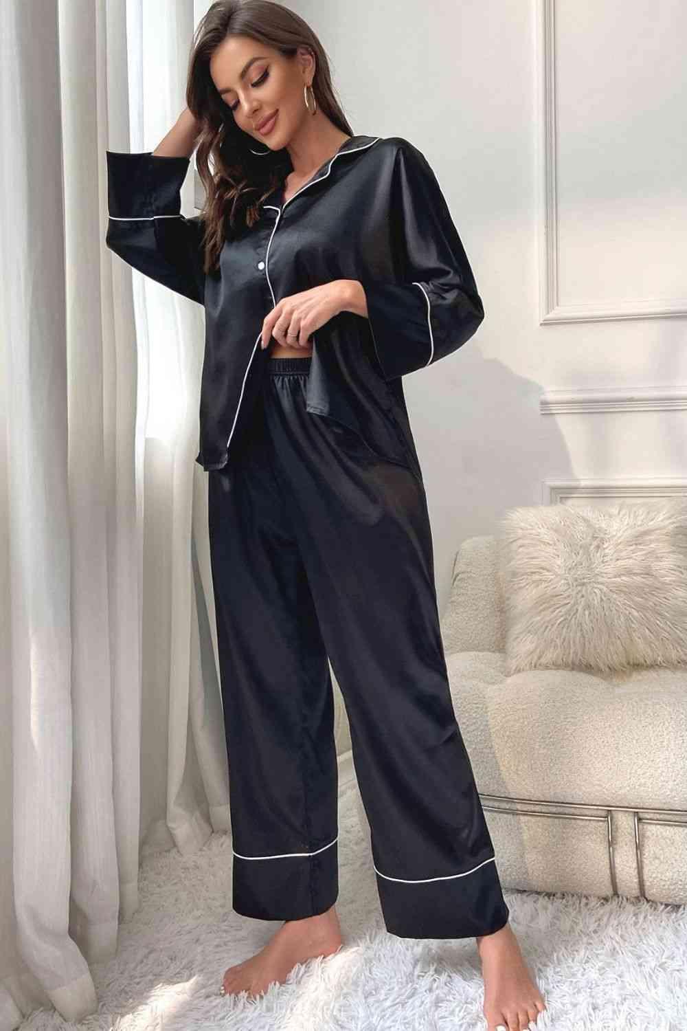 Contrast Piping Button-Up Top and Pants Pajama Set Carauana Store