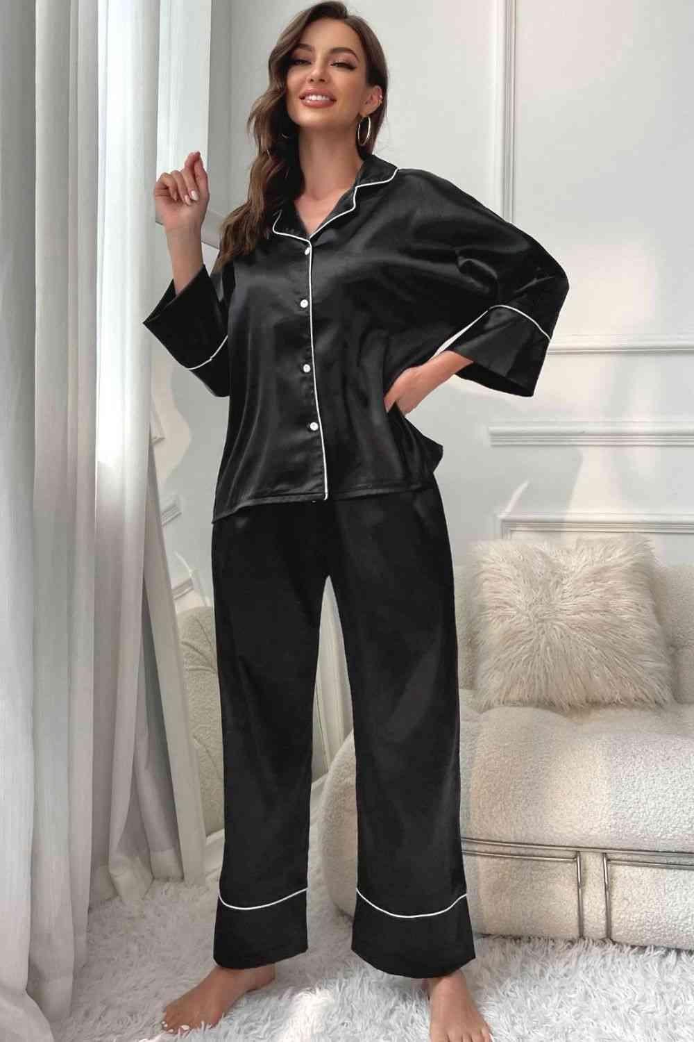 Contrast Piping Button-Up Top and Pants Pajama Set Carauana Store