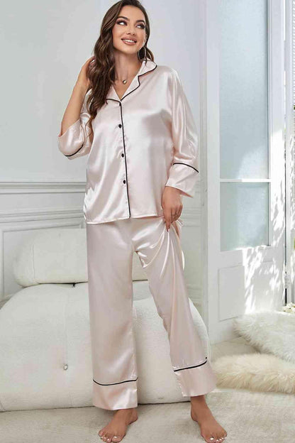 Contrast Piping Button-Up Top and Pants Pajama Set Carauana Store