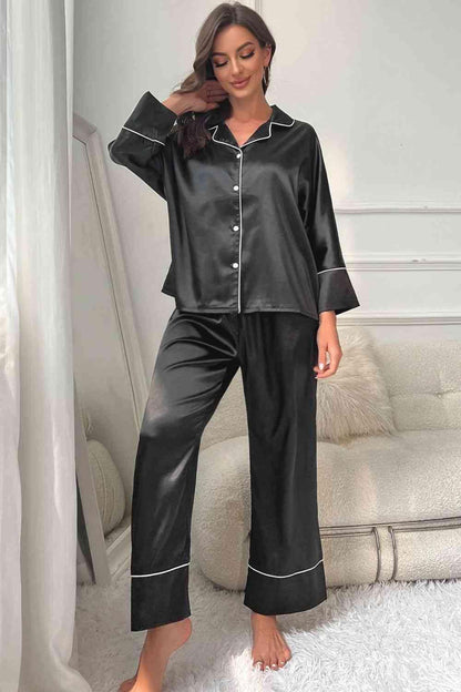 Contrast Piping Button-Up Top and Pants Pajama Set Carauana Store