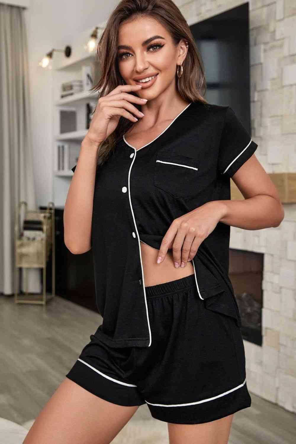 Contrast Piping Button-Up Top and Shorts Pajama Set Carauana Store