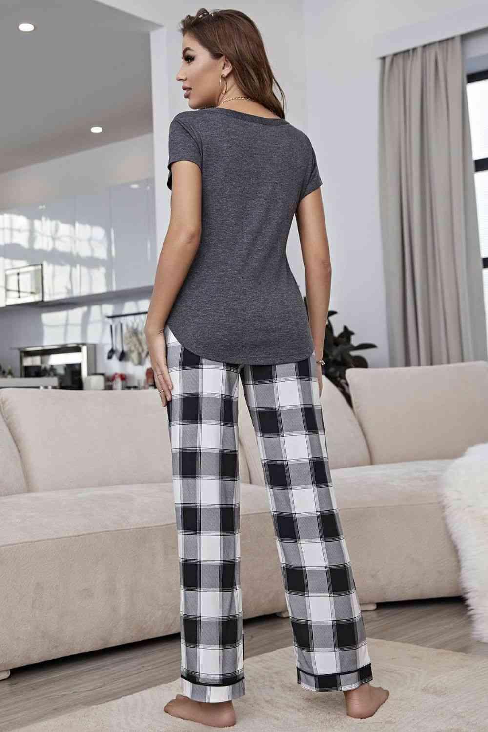 Curved Hem Short Sleeve Top and Plaid Pants Lounge Set Carauana Store