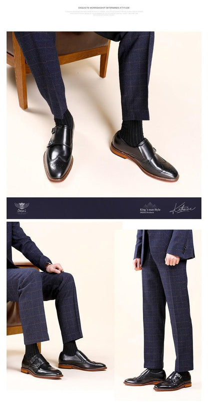 DESAI Monk Strap Slip on Genuine Leather Business Handmade Dress Brogue with Buckle Carauana Store