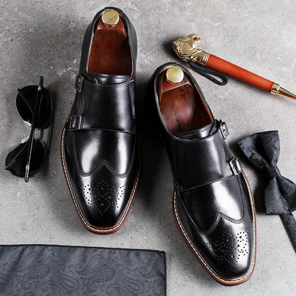 DESAI Monk Strap Slip on Genuine Leather Business Handmade Dress Brogue with Buckle Carauana Store
