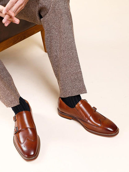 DESAI Monk Strap Slip on Genuine Leather Business Handmade Dress Brogue with Buckle Carauana Store