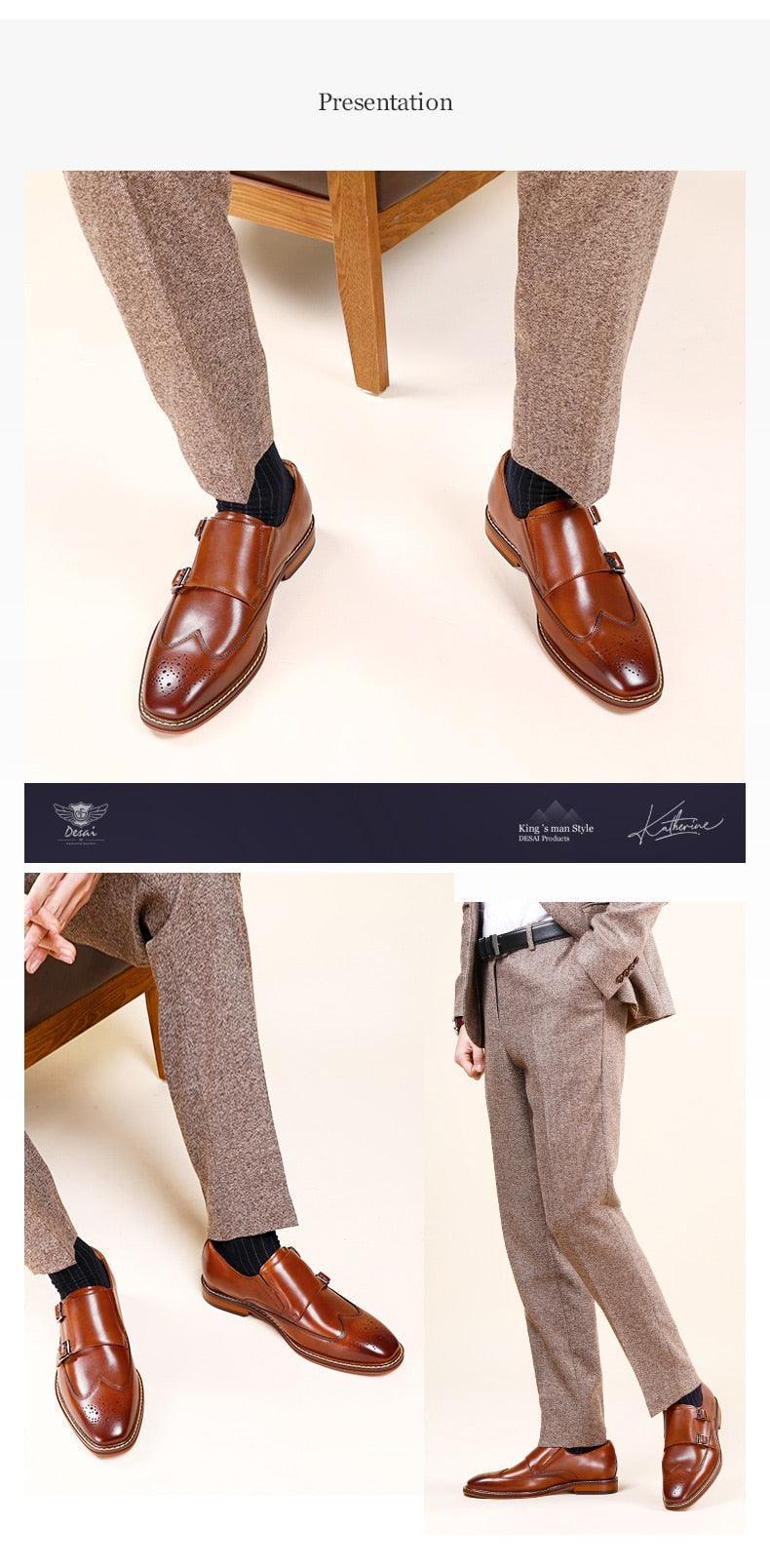 DESAI Monk Strap Slip on Genuine Leather Business Handmade Dress Brogue with Buckle Carauana Store