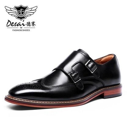 DESAI Monk Strap Slip on Genuine Leather Business Handmade Dress Brogue with Buckle Carauana Store