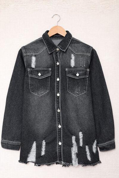 Distressed Button Up Raw Hem Denim Jacket Carauana Store