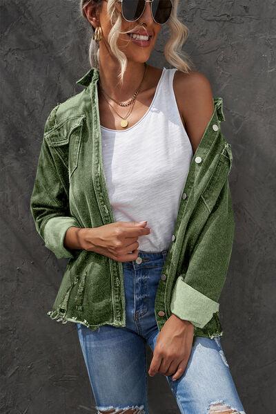 Distressed Button Up Raw Hem Denim Jacket Carauana Store