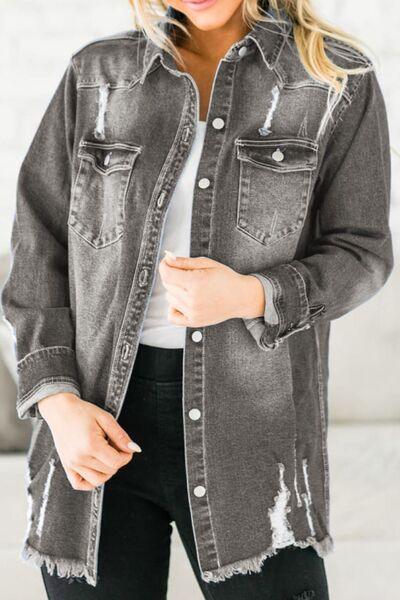 Distressed Button Up Raw Hem Denim Jacket Carauana Store