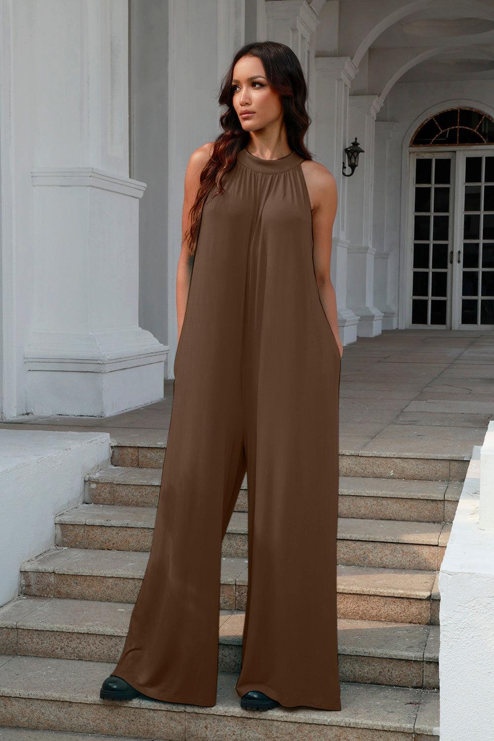 Double Take Full Size Tie Back Cutout Sleeveless Jumpsuit Carauana Store