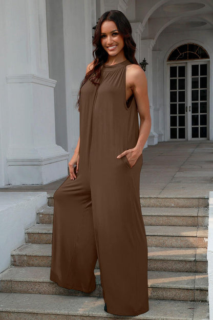 Double Take Full Size Tie Back Cutout Sleeveless Jumpsuit Carauana Store