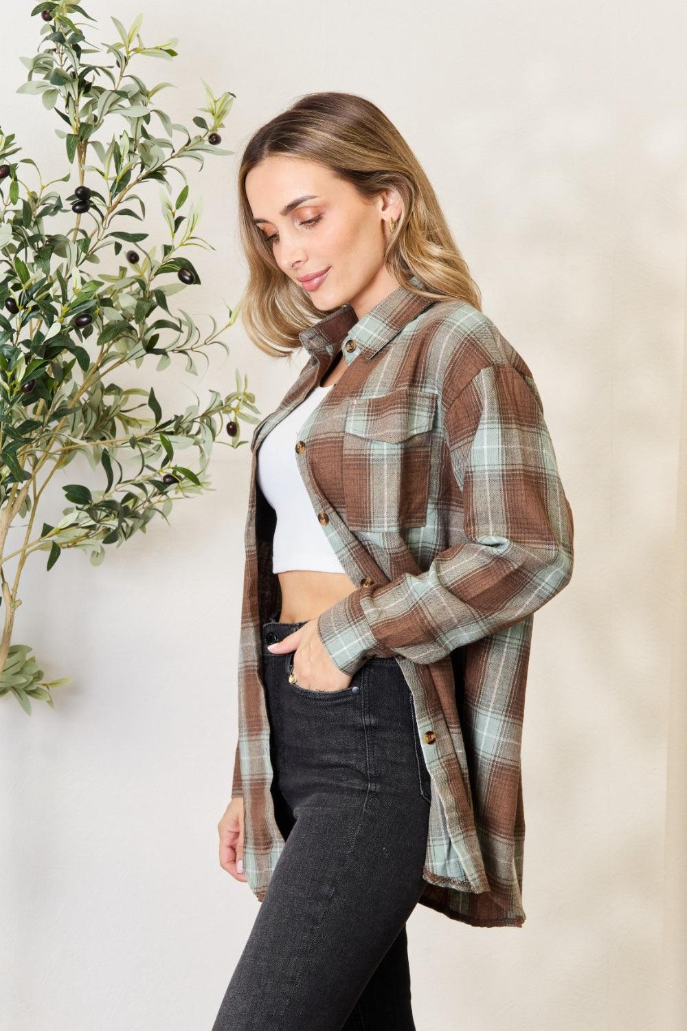 Double Take Plaid Dropped Shoulder Shirt Carauana Store