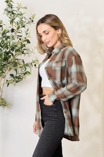 Double Take Plaid Dropped Shoulder Shirt Carauana Store