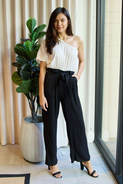 Dress Day Marvelous in Manhattan One-Shoulder Jumpsuit in White/Black Carauana Store