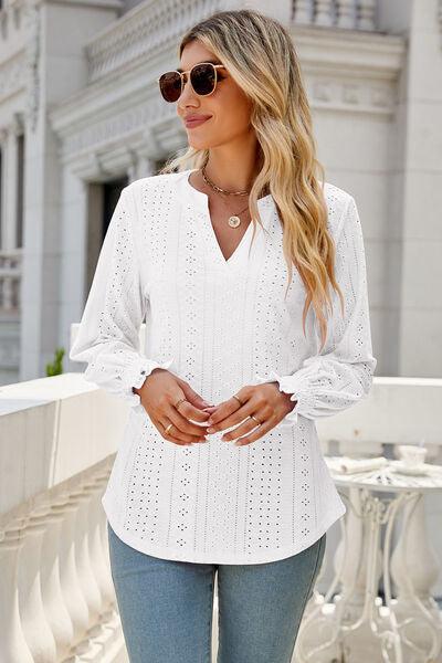 Eyelet Notched Lantern Sleeve T-Shirt Carauana Store