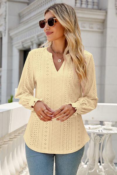 Eyelet Notched Lantern Sleeve T-Shirt Carauana Store
