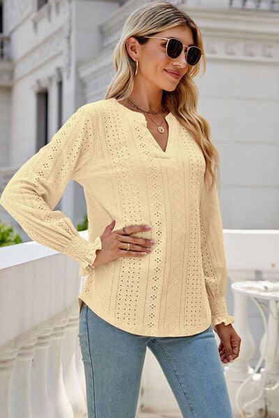 Eyelet Notched Lantern Sleeve T-Shirt Carauana Store
