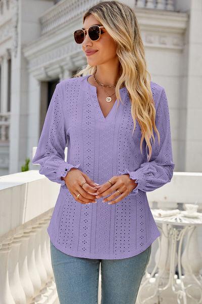 Eyelet Notched Lantern Sleeve T-Shirt Carauana Store
